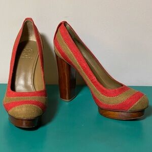 TORY BURCH “Joelle” Canvas Platform Linen Pumps Wooden Chunky Heels - Sz 8